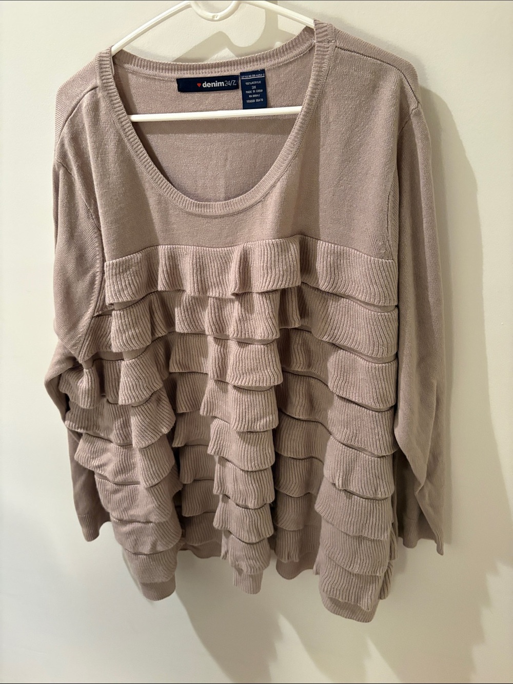 Denim 24/7 Taupe Layered Ruffle Scoop Neck Sweater